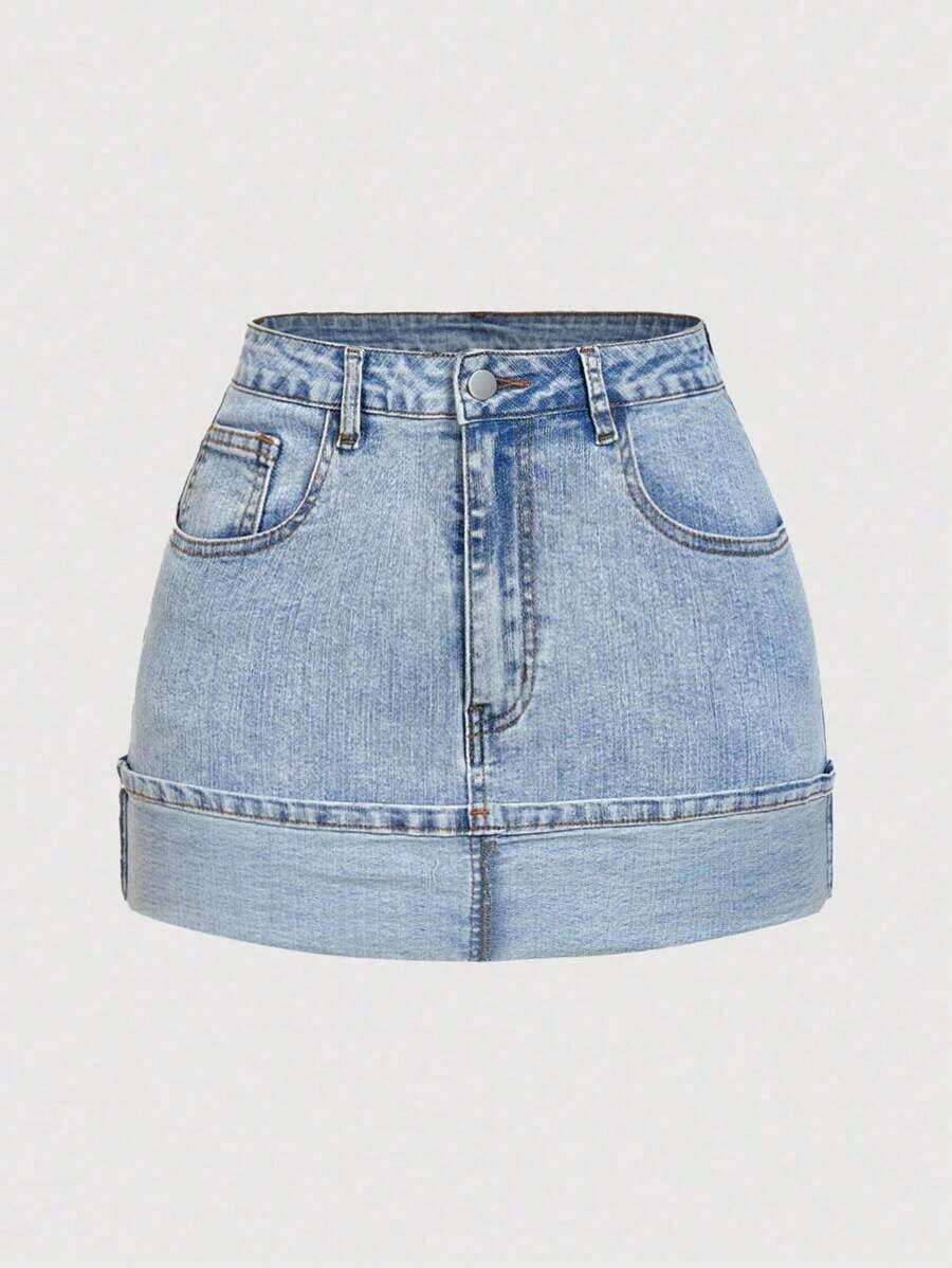 Minifalda vaquera casual y versátil con bolsillos y puños para mujer - Azul 4 - Ver 1