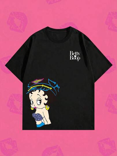 Whysmera SHEIN X Betty Boop Camisetas de manga corta con gráficos para mujer en verano, con estampado de personaje de dibujos animados con acentos de color en cuello redondo, con estética retro de motociclista de estilo casual básico, con base negra y diseños llamativos, adecuadas para concentraciones de motocicletas, eventos de streetwear, festivales de música, salidas nocturnas, looks de moda audaces y atuendos diarios con estilo edgy