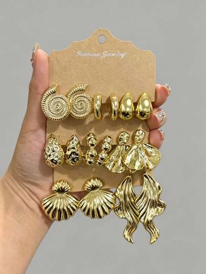 4-6-16 Pcs Gold Tone Fashion Creative Earrings Set For Women, Including Shell, Conch, Mermaid Tail, C-Shape, Water Drop Designs, Suitable For Beach, Daily Wear, Party