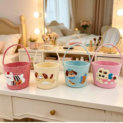1 Giỏ quà có tay cầm, hình cún con, thỏ, giỏ quà đan bằng dây thừng màu xanh và hồng, thích hợp đựng đồ chơi, hoa, đồ trang trí ngoài trời, giỏ đựng đồ di động.