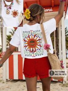 DrmWander Plus Size Casual Floral And Letter Print T-Shirt - Vintage Street Style Unisex Loose Cotton Short Sleeve Crew Neck T-Shirt - 白色的 - 查看 6
