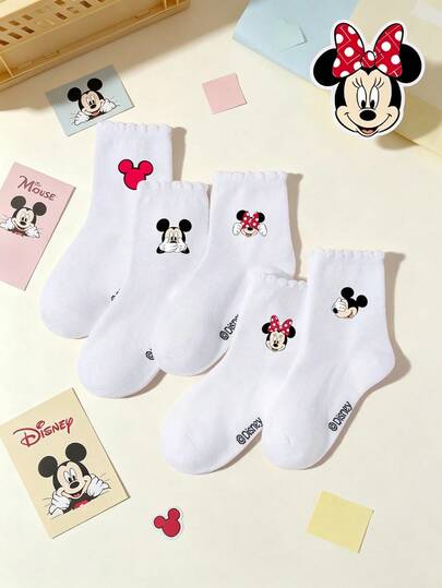  5 Pairs Disney Spring/Summer Children/Girls White Lace Socks, Adorable Soft Cartoon Mouse/Mickey Mouse Decor, Fashion Casual Soft Comfortable Durable Short Socks, Suitable For School, Home, Outdoor, Birthday Party