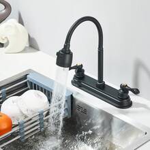 Kitchen Faucet With Sprayer, Double Handle Kitchen Faucet With Flexible Gooseneck Spout, High Pressure Matte Black Dual Function Kitchen Faucet (Brass Body, Easy Installation) - 黑色 - 查看 3