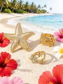 Set de 3 anillos abiertos de metal con strass en forma de estrella de mar en estilo vintage exagerado, adecuado para usar en la playa y vacaciones de las mujeres - estrella de mar - Ver 5