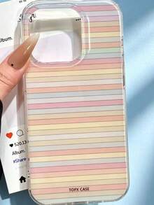 1 pieza Funda de teléfono suave con rayas de colores + Soporte de flor amarilla, compatible con las series Apple 11/12/13/14/15/16/17 Pro Max, funda de teléfono de verano fresca y linda, adecuada como regalo de vacaciones para amigos y familiares - rayas multicolores - Ver 3