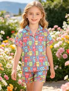 2pcs Kids Pajama Set, Cute Owl Cartoon Print Pattern, 2026 Fashion Lapel Cardigan Homewear Set, Flame Retardant Knit Stretch Fabric, Girls Older Kids, Short Sleeve Top & Shorts, Casual Sleepwear, Suitable For All Seasons - Mauve Purple - View 3