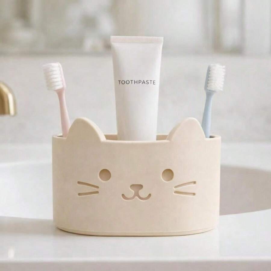 One Cat-Shaped Three-Hole Self-Draining Toothbrush, Toothpaste, And Face Wash Holder; Multi-Functional Toothbrush And Toothpaste Storage Rack; Toiletries And Toothpaste Storage Shelf; Bathroom Desktop Ornament. - Multicolor - View 1