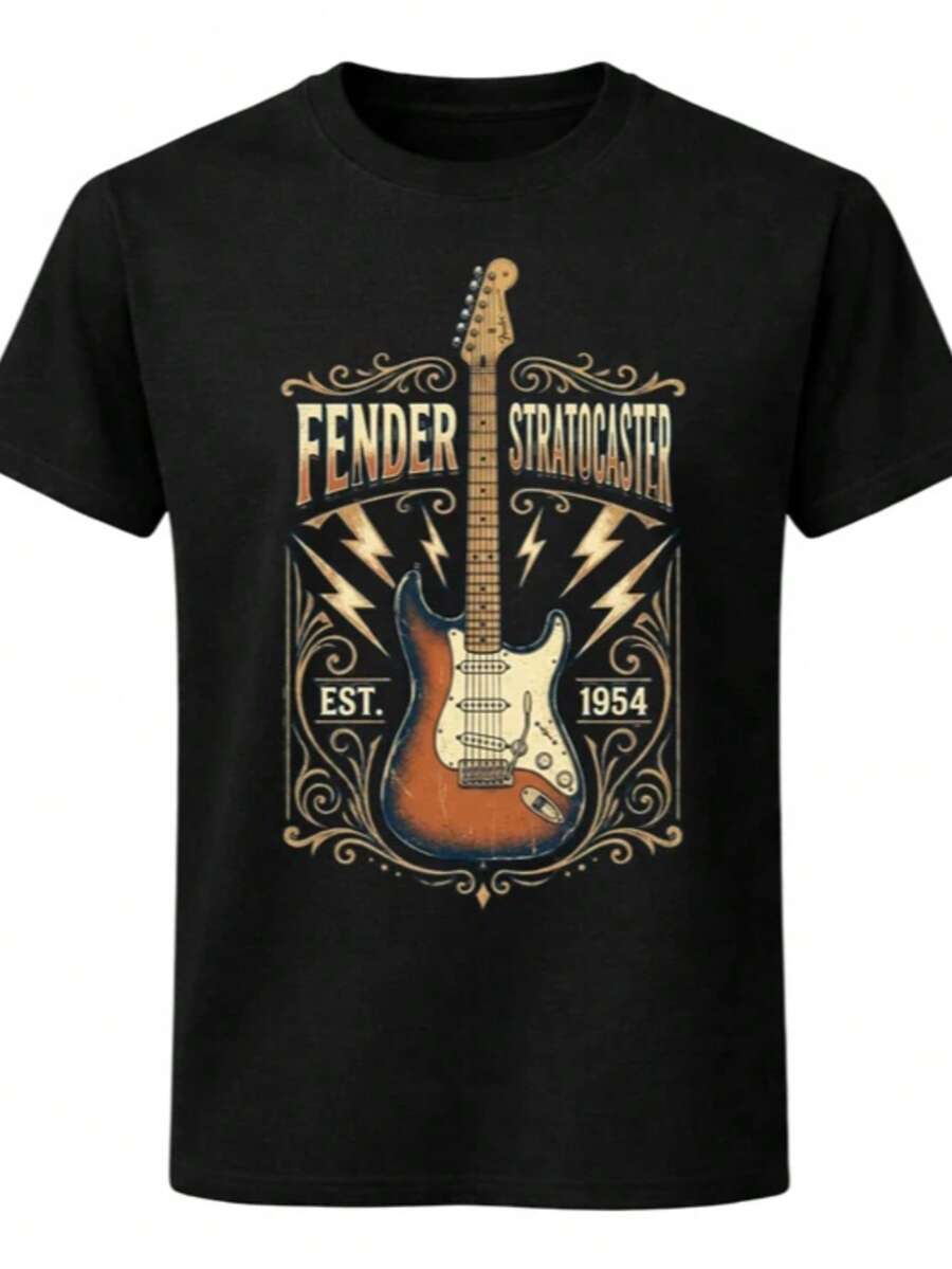 Fender Stratocaster Guitar Vintage Rock Music Graphic Unisex T-Shirt Guitar Tee - 黑色 - 查看 1