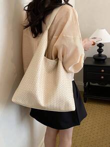 1pc Solid Color PU Fabric Woven Embossed Pattern Simple Casual Women Shoulder Bag, Suitable For Commuting And Shopping - A - View 8