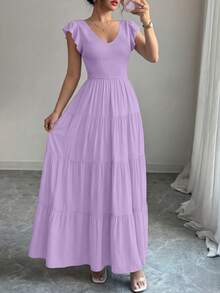 Women's Summer Flowy Long Dress Casual Covered Sleeve V-Neck Pleated Beach Sundress - Grayish purple - View 3