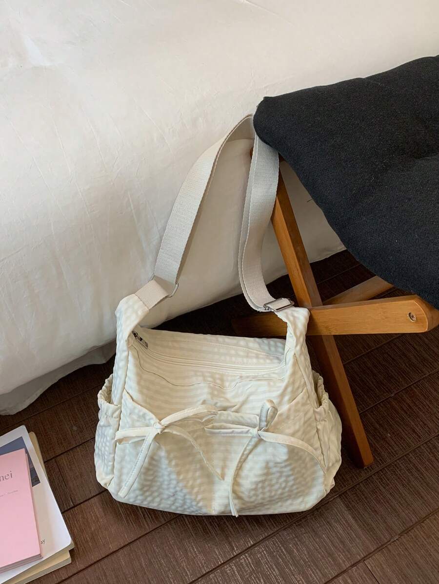 新款格子蝴蝶结抽绳云朵褶皱单肩斜挎包 女士 - 白色 - 查看 1
