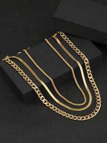3pcs Stainless Steel Golden Yellow Simple Fashion Necklace Set - 黃金 - 查看 2
