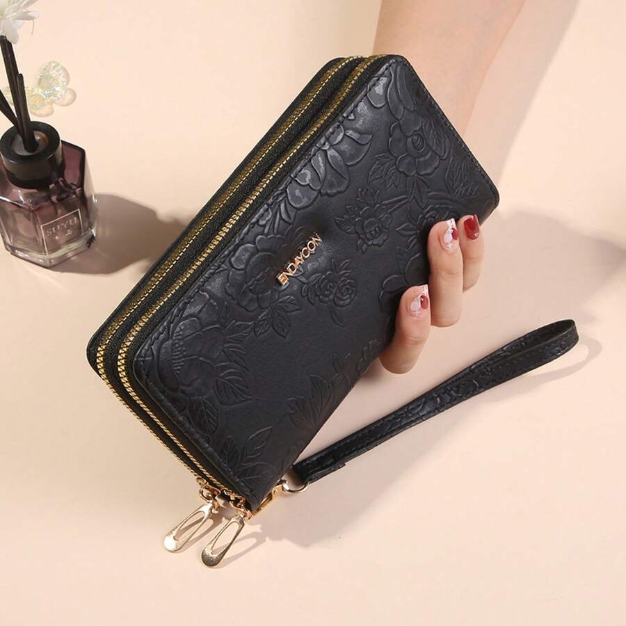 Women's Double Zipper Long Wallet, Fashionable And Simple, Large Capacity, Double Layer Purse, Phone Bag - Black - View 1