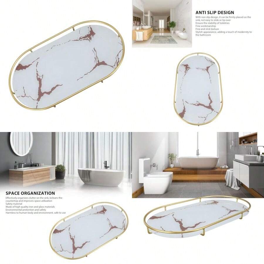 Organizador de bandeja de baño bandeja decorativa para tocador de baño textura dorada resistente al deslizamiento luz de lujo para maquillaje para servilletas para baño - Base blanca - Ver 1