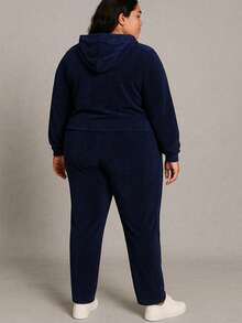Plush Set Plus Size G4 Comfortable Casual Winter Zipper Pocket Hood - Navy Blue - View 3