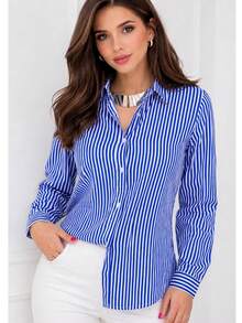 Women's Long-Sleeved Striped Shirt With Buttons, Loose Fit, In Premium Crepe Fabric, No Pockets, , Casual, Elegant - 寶藍色 - 查看 1