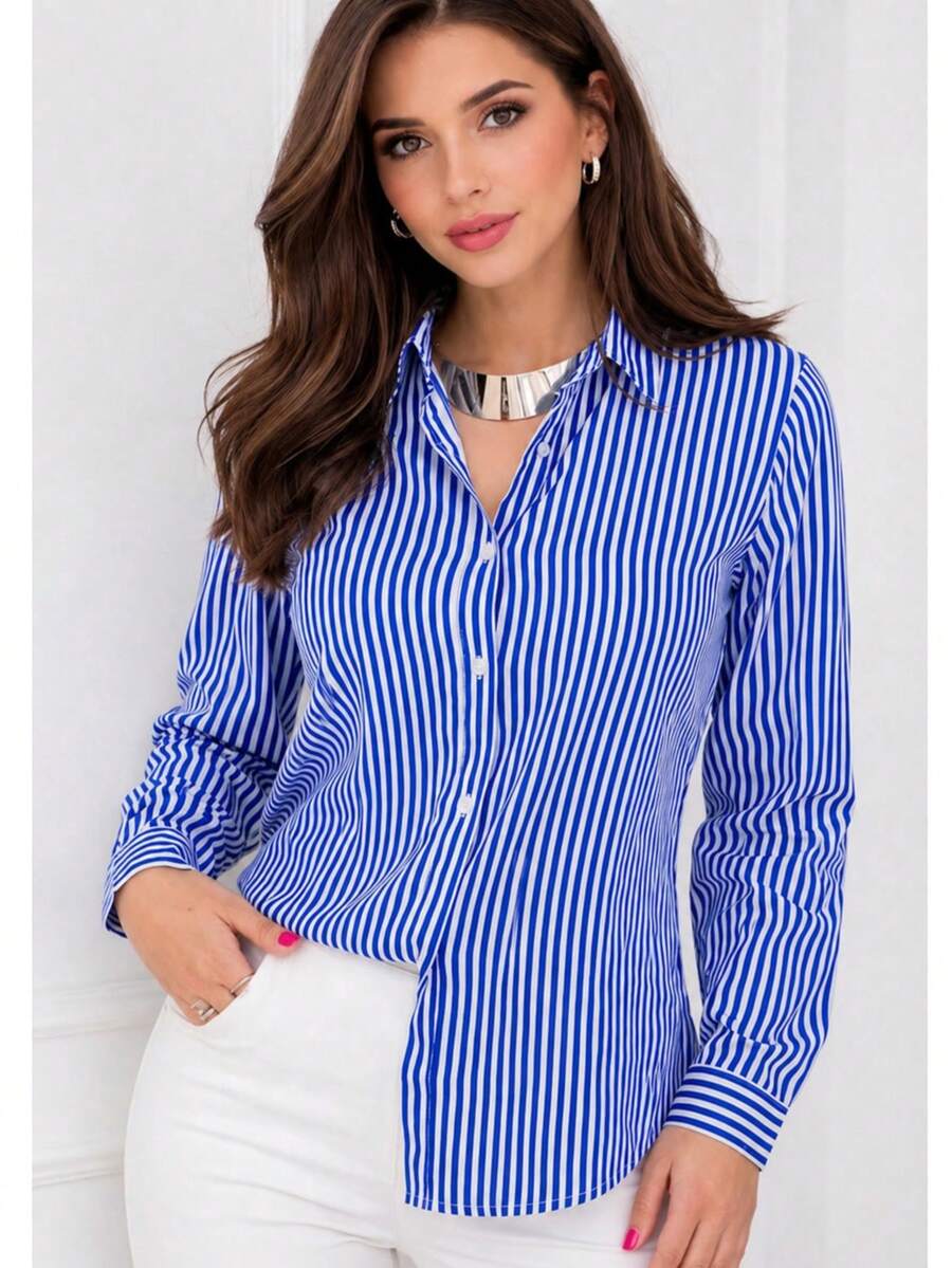 Women's Long-Sleeved Striped Shirt With Buttons, Loose Fit, In Premium Crepe Fabric, No Pockets, , Casual, Elegant - 寶藍色 - 查看 1