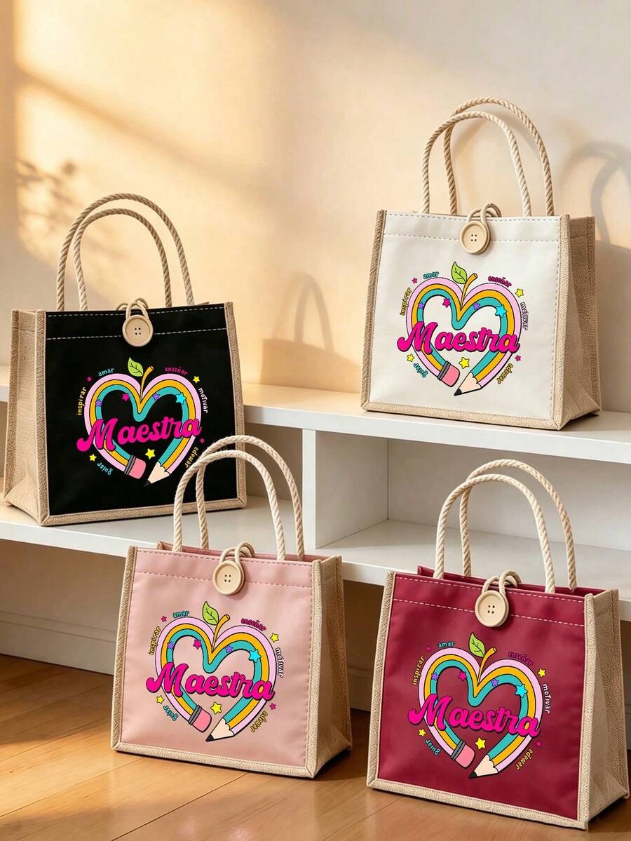 Teacher Theme Heart & Pencil Pattern Tote Bag, Summer Vacation Essential, Shopping Commuter Bag Travel Toiletry Makeup Organizer, Teacher Gift - Multicolor - View 1