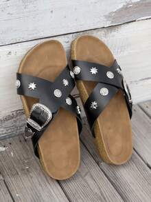 Retro Punk Style Rivet Sandals, Women's Solid Color Double Strap Metal Buckle Soft Wood Bottom Outdoor Slippers, Fashionable , Suitable For Summer Daily Wear - Black - View 6