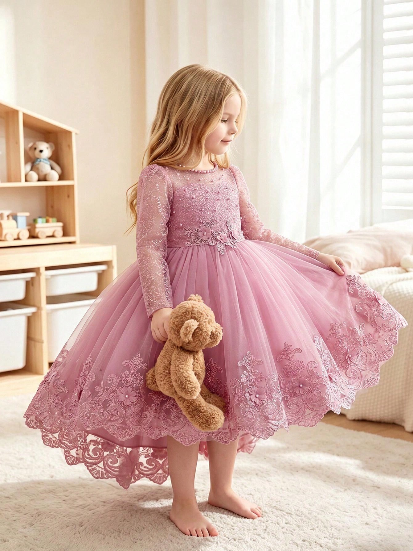 Young Girls Shiny Princess Tulle Dress With Lace And Beaded Details, Elegant