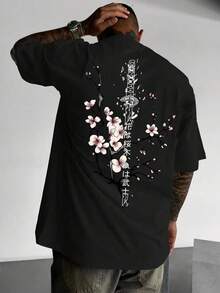 Cherry Blossom Moon T Shirt Japanese Graphic Tee Black 100% Pure Cotton Oversized Drop Shoulder Short Sleeve Summer Casual Streetwear Unisex Men - 黑色1 - 查看 1
