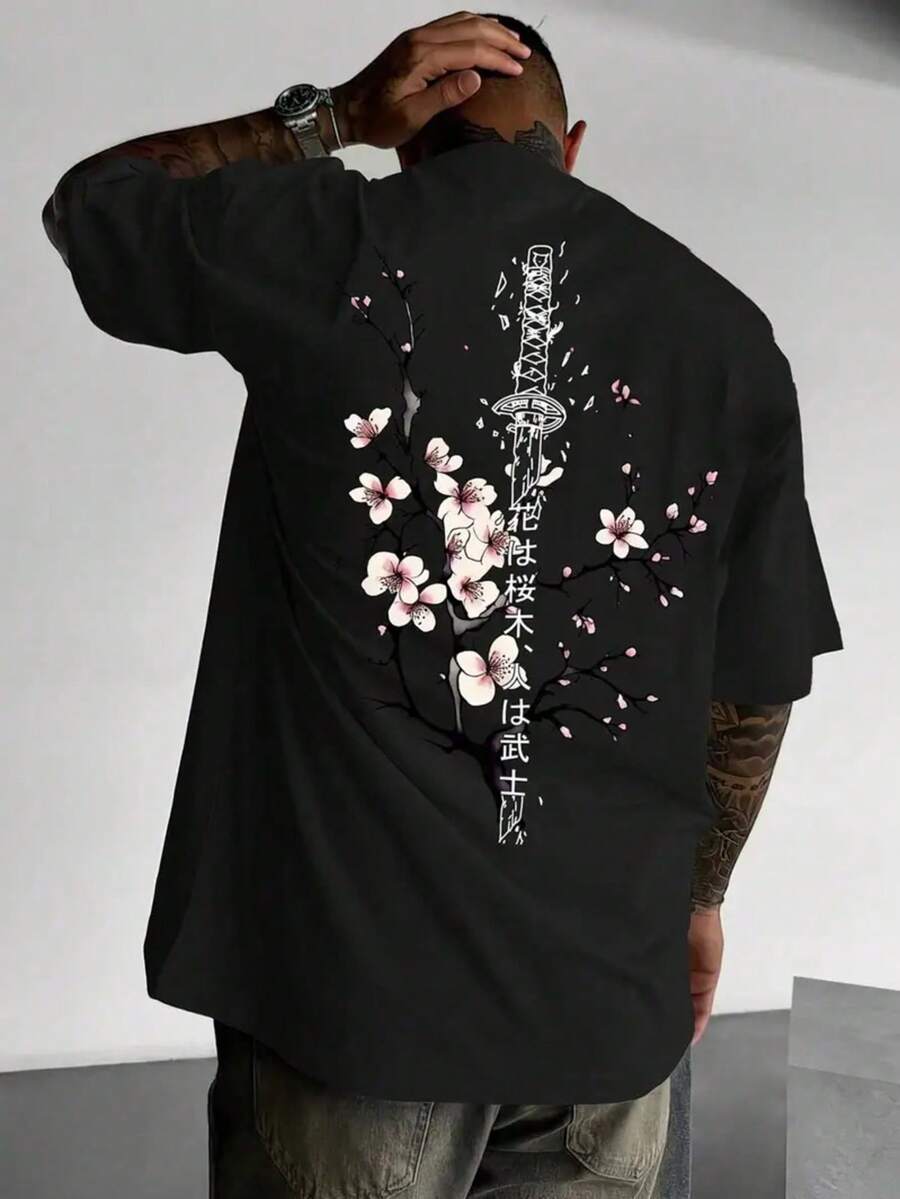 Cherry Blossom Moon T Shirt Japanese Graphic Tee Black 100% Pure Cotton Oversized Drop Shoulder Short Sleeve Summer Casual Streetwear Unisex Men - 黑色1 - 查看 1