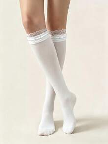 1 Pair Women's Lolita Lace Over-The-Knee Socks, Spring/Summer White Sweet Japanese Sexy Style Calf Socks - Multicolor - View 6