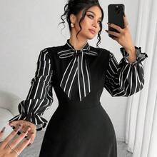 Plus Size Women's Elegant Long Sleeve Striped Waist Flared A-Line Dress, Suitable For Autumn/Winter Outings Black Dress Party - Burdeos - Ver 5