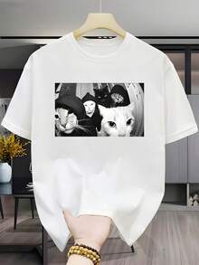 Camiseta de manga corta para hombre, moda novedosa para hombre, camiseta de manga corta para celebración de cumpleaños para hombre, camiseta moderna para hombre, camiseta con estampado retro de gato gangster divertido para hombre - diseño clásico de gato gangster, Donnie Cat y Tom Cat, camiseta de manga corta con cuello barco, adecuada para ropa casual de calle, cómoda para todas las estaciones, uso diario (negra) - traje divertido para fiesta de disfraces de animales, ropa casual, camiseta de regalo para padre, camisa gótica retro, + camiseta no convencional de cuello alto. - Negro - Ver 7