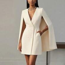 White Double-Breasted Cape Blazer Mini Dress With V-Neck, Elegant Business Office Formal Cocktail Short Dress For Women - Màu xanh lam - Xem 9