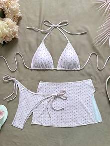 夏季情人节女士时尚可爱少女浅粉色和棕色波点印花比基尼套装：挂脖比基尼上衣饰有粉色花朵，系带泳裤，侧开衩泳裙，适合海滩、度假等场合。 - 淺粉色 - 查看 3