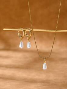 3pcs Stainless Steel Waterproof Non-Fading Fashion Women's Gold/Silver Teardrop Pearl Earrings Necklace Jewelry Set, Suitable For Daily Wear - Pearl - View 6