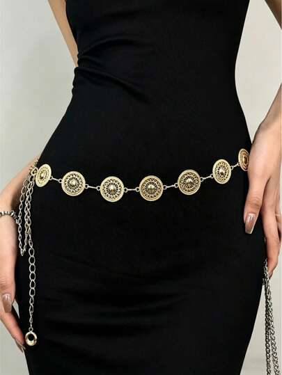 Cinturón de mujer estilo bohemio retro de cadena metálica, con decoración de moneda tallada redonda, ajustable a la cintura, adecuado para vestidos, vaqueros, trajes, gran regalo para cumpleaños, San Valentín, uso diario