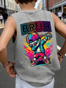 青少年男孩「BRUH」遊戲圖案背心，柔軟舒適夏季休閒無袖上衣 - 灰色 - 查看 1