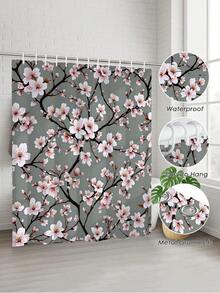 1/3/4 pièces Ensemble de salle de bain floral gris Sakura, rideau de douche imprimé vintage élégant de branches roses Sakura, imperméable et anti-moisissure, tapis de bain antidérapant doux + housse de siège de toilette + tapis en forme de U, 12 crochets inclus, convient pour toutes les saisons, décoration de la maison, rénovation locative, rafraîchissement de la salle de bain pour les fêtes, utilisation dans la douche sèche-humide, cadeau pour le réchauffe-maison/anniversaire/fête des enfants/fête des mères/fête des pères - fleurs de cerisier - Voir 4