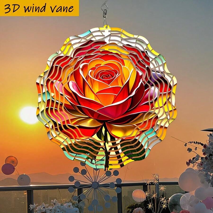 3D立体彩色玻璃玫瑰花摆件，尺寸25.5厘米/10英寸*25.5厘米/10英寸，带旋转挂钩，可360° DIY创意旋转装饰，随风旋转，安装简便，适用于各种节日送礼场合。