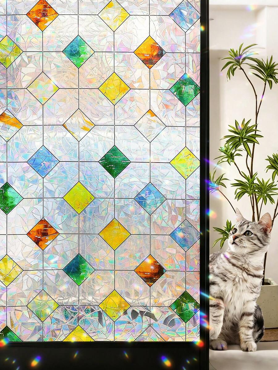 1roll Colorful Gem Lattice Pattern Decorative Window Privacy Film Rainbow Stained Glass Window Film Classroom Decor Renter Friendly Decor Window Privacy Film Rainbow Film Decorative Window Sticker, 3D Static Stained Glass Cling Tint For Home Heat Control Non-Adhesive