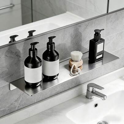 CINEYO 1pc Stainless Steel Floating Shelf, No Assembly Required, Bathroom Accessory, Home Decor, Bedroom Storage, Bathroom Shelf, Bathroom Storage, Made Of Stainless Steel, Wall-Mounted, Matte Silver, Suitable For Kitchen, Study, Bathroom, Corner Shower Caddy, Wall Mounted Toilet Vanity Storage Rack