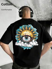 Camiseta de manga corta de cuello redondo holgada para hombre, 100% algodón, para primavera/verano, uso casual, ropa de calle y de viaje, diseño retro ligero, adecuada para festivales y con opciones de tallas grandes - Negro - Ver 1