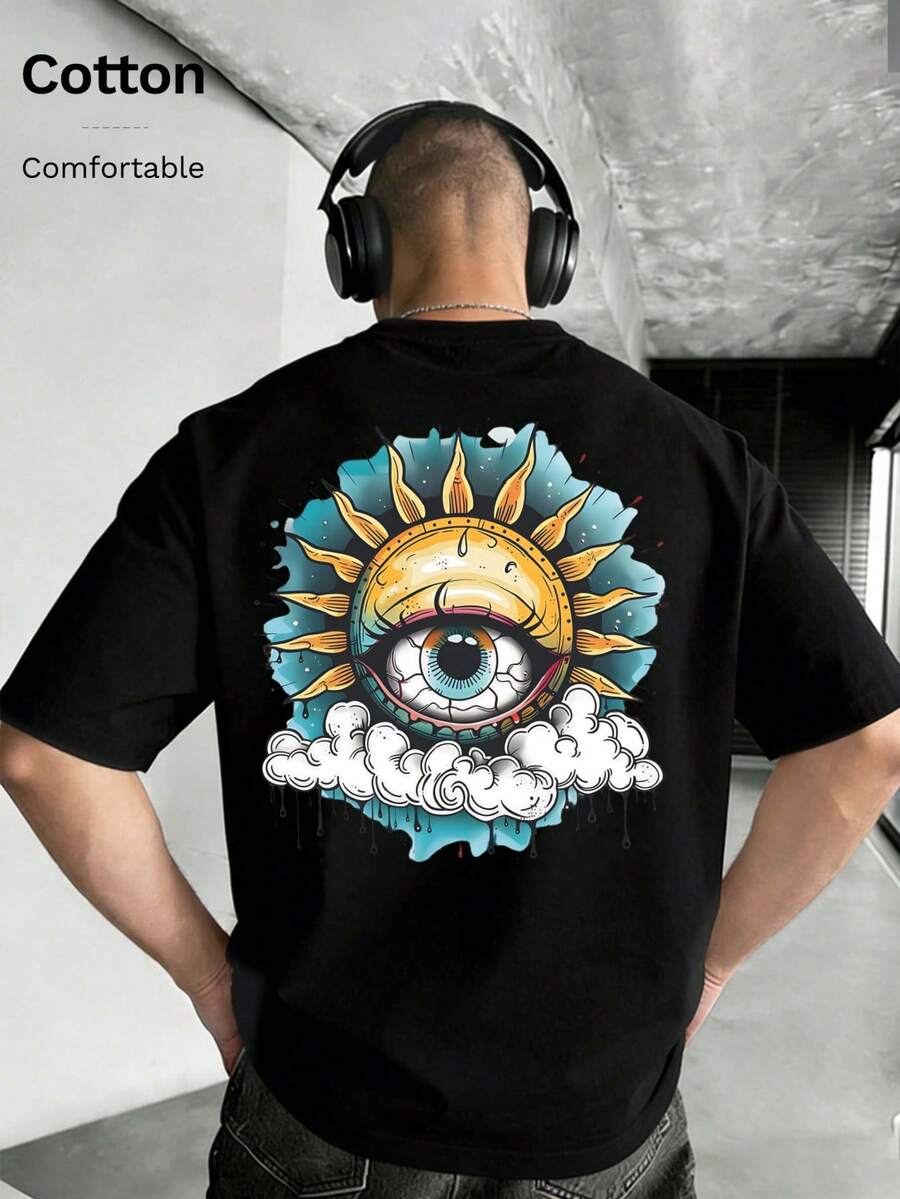 Camiseta de manga corta de cuello redondo holgada para hombre, 100% algodón, para primavera/verano, uso casual, ropa de calle y de viaje, diseño retro ligero, adecuada para festivales y con opciones de tallas grandes - Negro - Ver 1