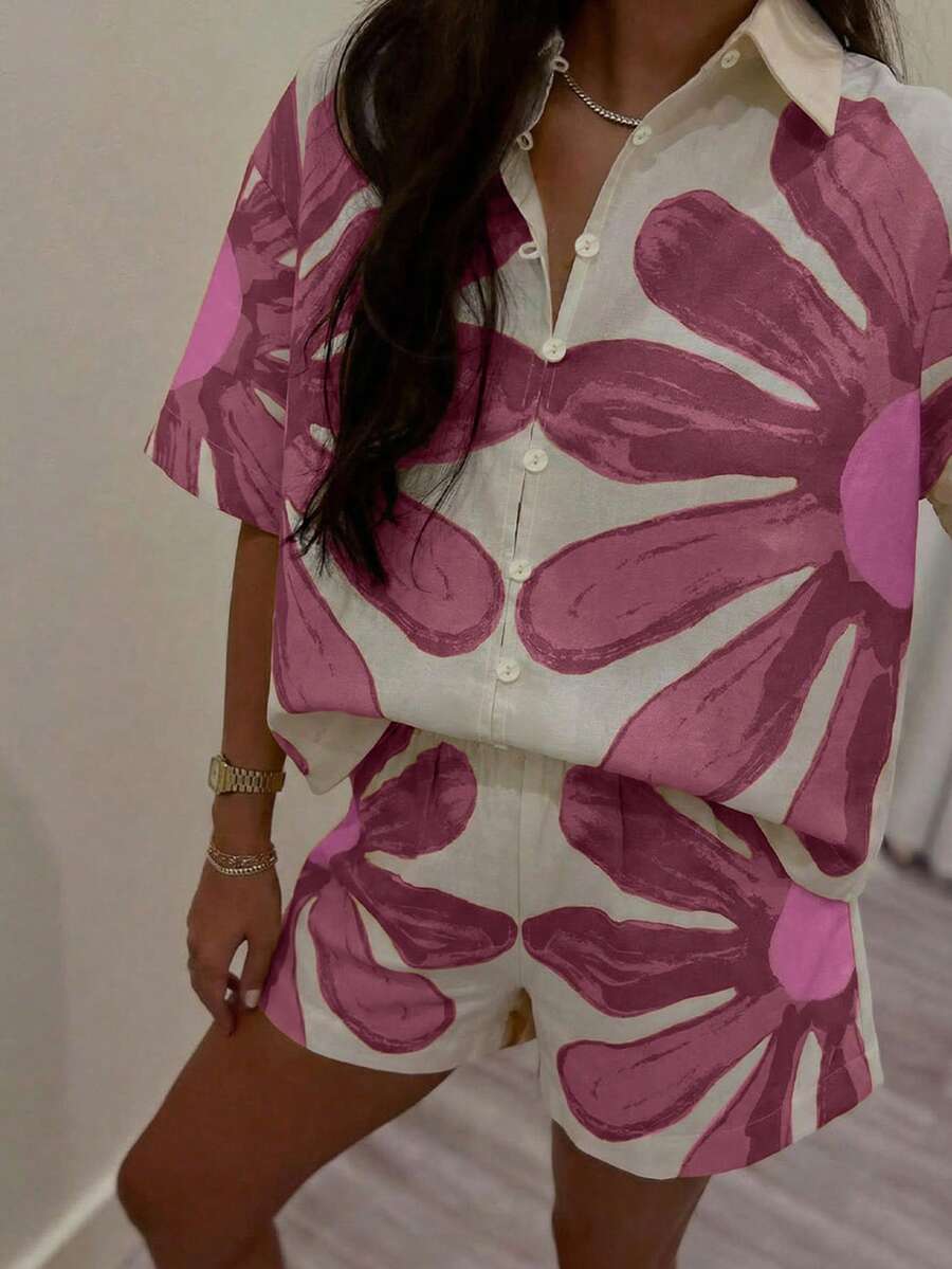 Frühlings-/Sommer-Blume Muster Kurzarm Top und Shorts 2 Stücke Set, Boho-Stil lässig Urlaubs Elegantes Damen Outfit, geeignet für Alltag, Urlaub und Outdoor-Tragen - Verschiedenfarbig - Übersicht 1