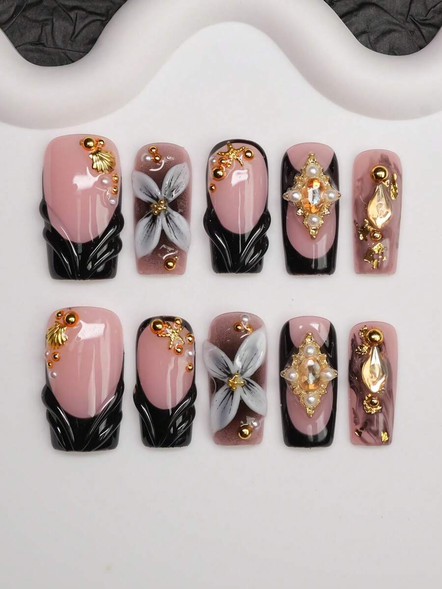 10 unhas postiças quadradas feitas à mão, estilo Y2K Baddie, cor nude e ...