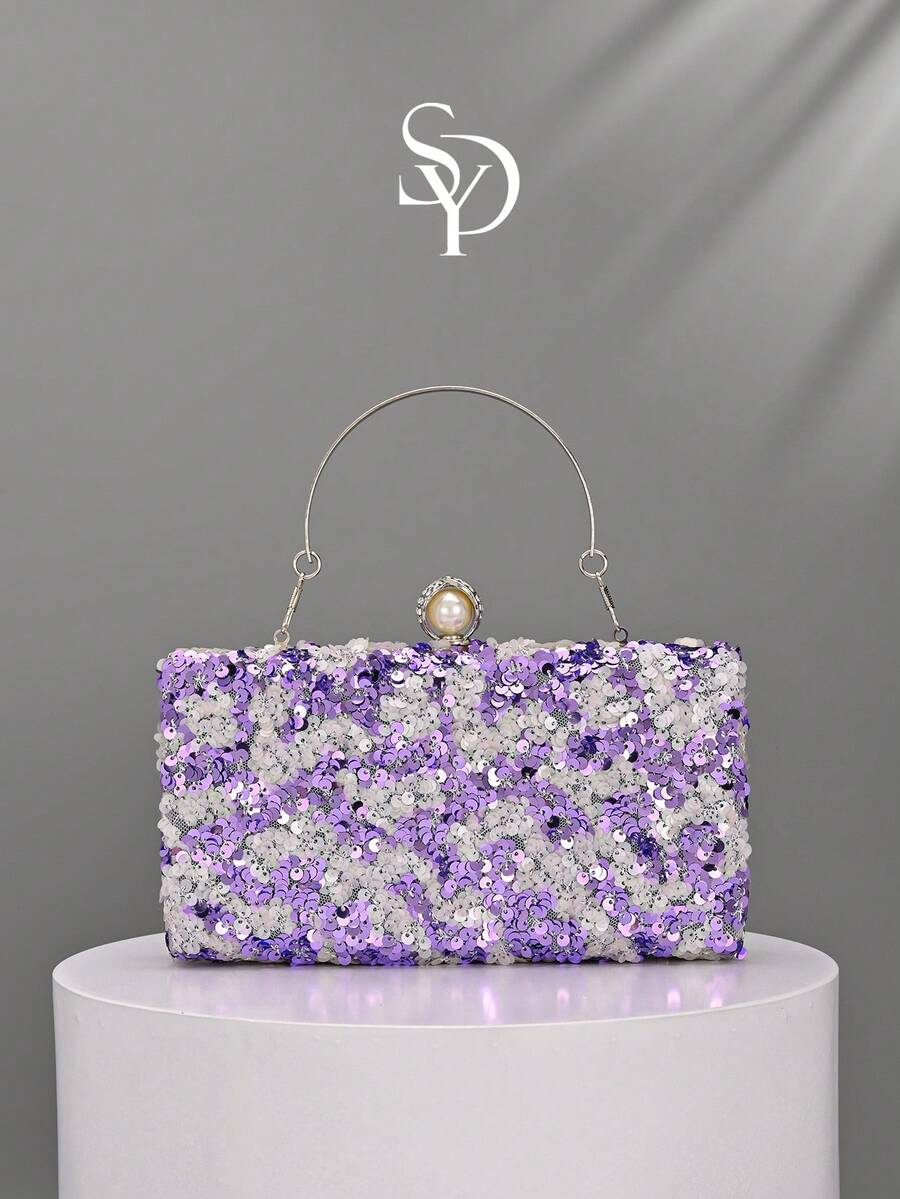 1pc Ombre Purple & White Sequin Clutch Bag, Shiny Metal Handle Evening Handbag, Suitable For Women's Party And Wedding - Violet Purple - View 1