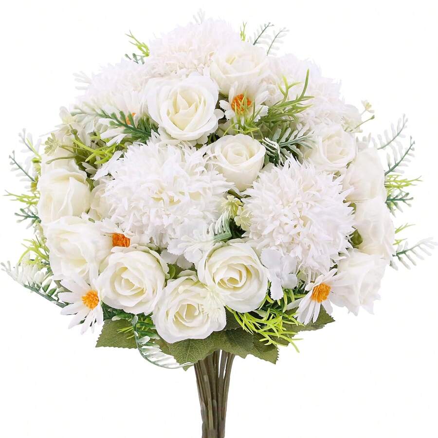1/3/80件人造玫瑰繡球花牡丹混色花束,新娘花束,婚禮裝飾,DIY花環材料,生日派對裝飾材料,居家餐廳客廳花瓶裝飾,戶外花園秋季裝飾 - 白色 - 查看 1