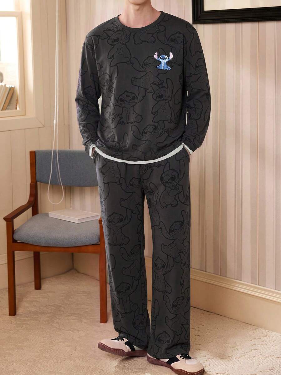 Bộ đồ ngủ nam Disney Stitch 2 món, in hình Stitch, áo dài tay cổ tròn và quần dài, đồ ngủ mềm mại thoải mái. - màu đen - Xem 1