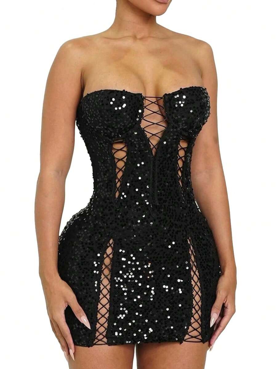 Women's Elegant Sleeveless Sequin Bodycon Mini Dress With Lace Up Detail Perfect For Party Evenings - 黑色 - 查看 1
