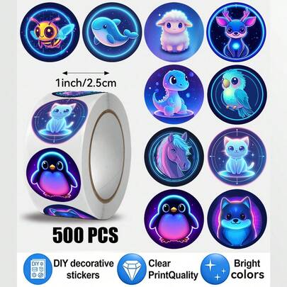 JOERBABU the little kangaroo Bobbie 500pcs/Roll Holographic Animal Stickers, Including Penguin, Cat, Dinosaur Patterns, Ideal Small Gifts. Suitable For Gift Decoration, Water Bottle Decoration, School Rewards, Stationery Decoration, Holiday Gifts