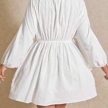 Elaquor Plus Size Casual Solid Color Lantern Sleeve Dress - Verde militar - Ver 7