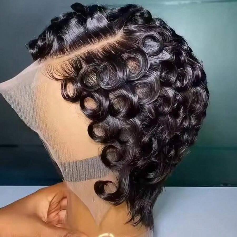 Curly Pixie Cut 13x4 Lace Front Wig Human Hair Wigs 13x4 HD Lace Frontal Wigs Short Layered Curly Glueless Wig Pre Plucked Deep Wave Pixie Cut Human Hair Wigs - Natural Black - 查看 1