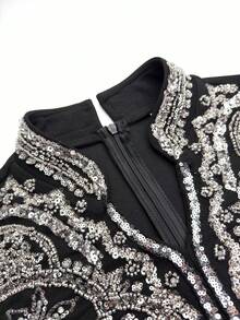 Đầm dạ hội maxi dài tay cổ tàu bằng satin ren ôm dáng dành cho nữ UNITHORSE - màu đen - Xem 5